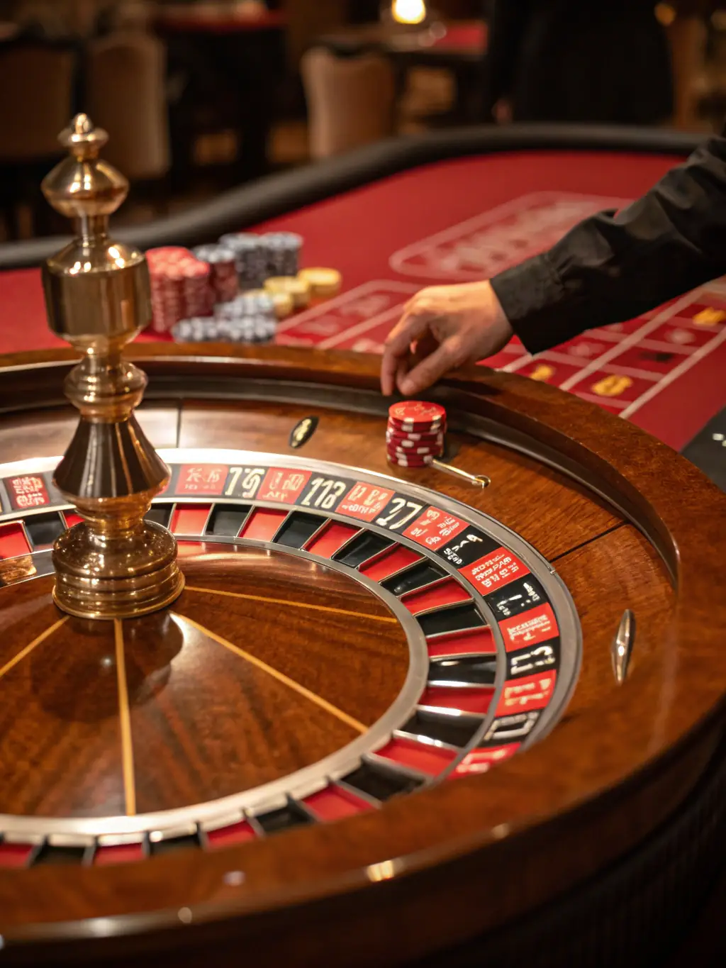 A sophisticated image displaying a roulette wheel in motion at Bônus AFUN, surrounded by betting chips and a luxurious casino setting, capturing the anticipation of the game.