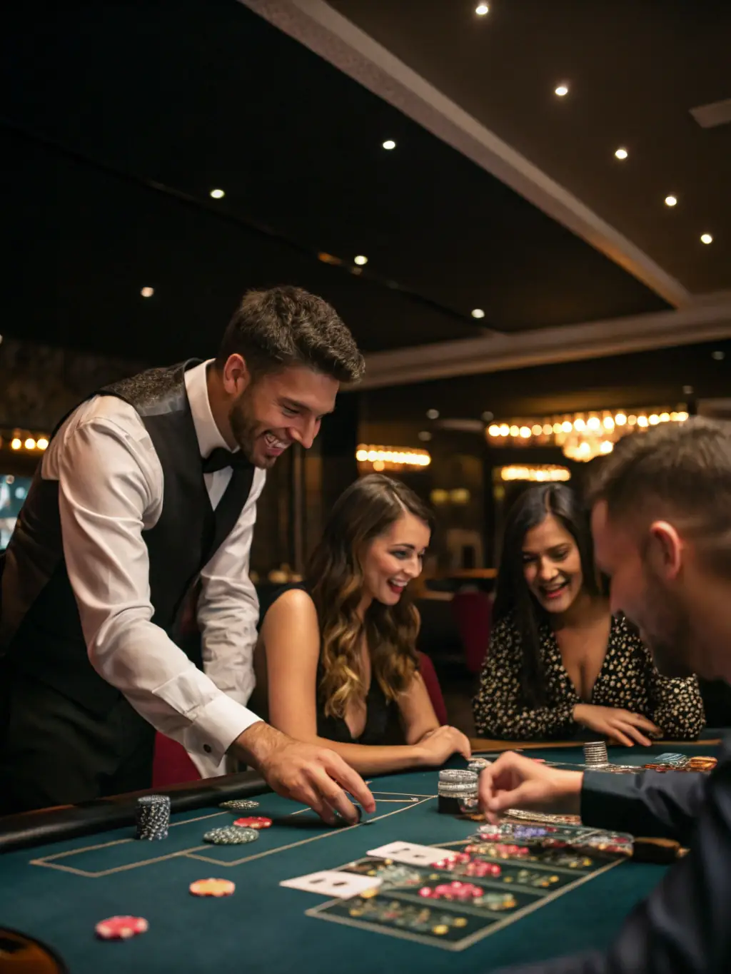 An elegant image depicting a live dealer at a blackjack table in Bônus AFUN, with players engaged in the game, creating an atmosphere of real-time excitement and interaction.